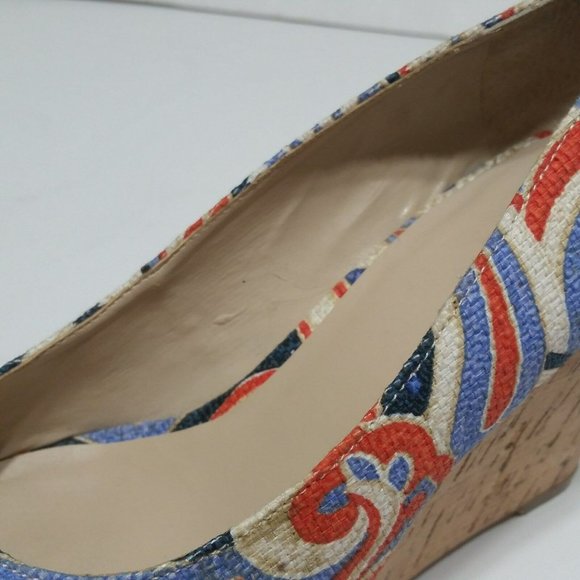 Nine West Women's Cheerful 70 Cork Wedge Peep Toe 7.5M Canvas Stripe Swirl - Picture 5 of 9